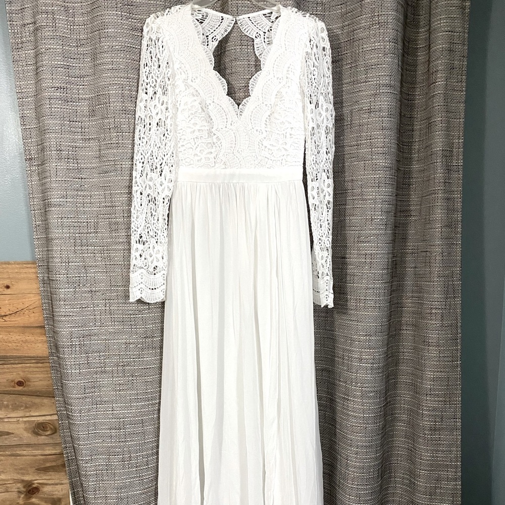 White, lace, open back, maxi, wedding dress